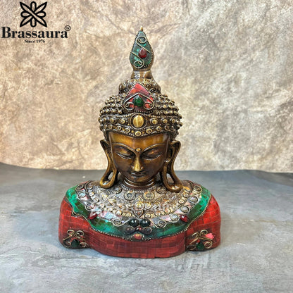 Brass Head Gem Stone Work Buddha Weight 3.9 kg & Height 12.5 Inch