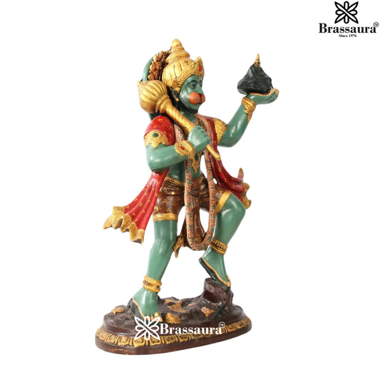 Brassaura® Hanuman Carrying Parbat Idol with Handpainted Multi-Colour Finish | Pure Superfine Brass Handcrafted Murti | Brass Statue for Home Temple, Pooja Room | Height 27 Inches | Weight 26 Kgs