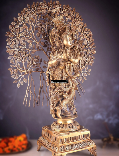 Brassaura™ Handcrafted Brass Lord Krishna with Kalpavriksha Statue – Height 36 Inches & Weight 32 Kgs