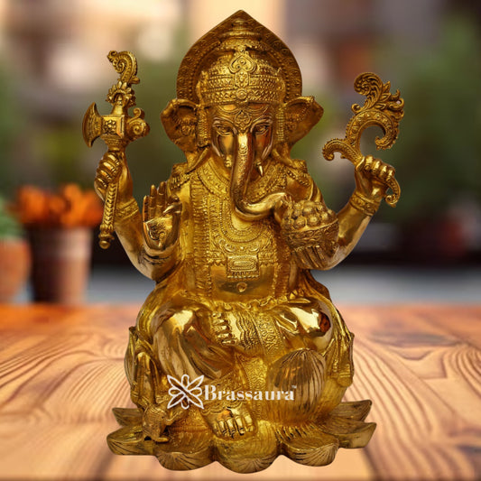 Brass Lotus Ganesha Statue Weight 15.5 Kg & Height 16 Inch