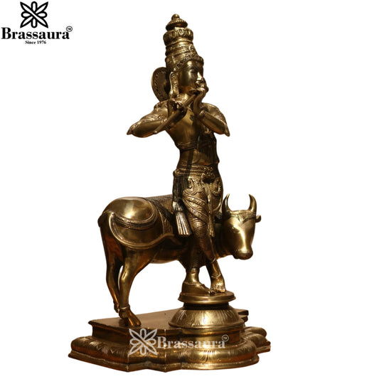 Brassaura® Lord Krishna Playing Flute with Sacred Cow Idol | Pure Superfine Brass Handcrafted Murti | Brass Statue for Home Temple, Pooja Room & Living Room | Height 25.5 Inches | Weight 26 Kgs