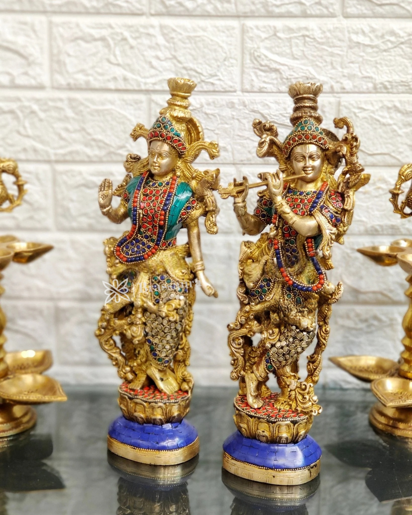 Brassaura™ Handcrafted Brass Radha Krishna Statue Pair with Natural Stones & Brass Rings – Height 14 Inches & Weight 8.5 Kgs | Elegant Devotional Idol