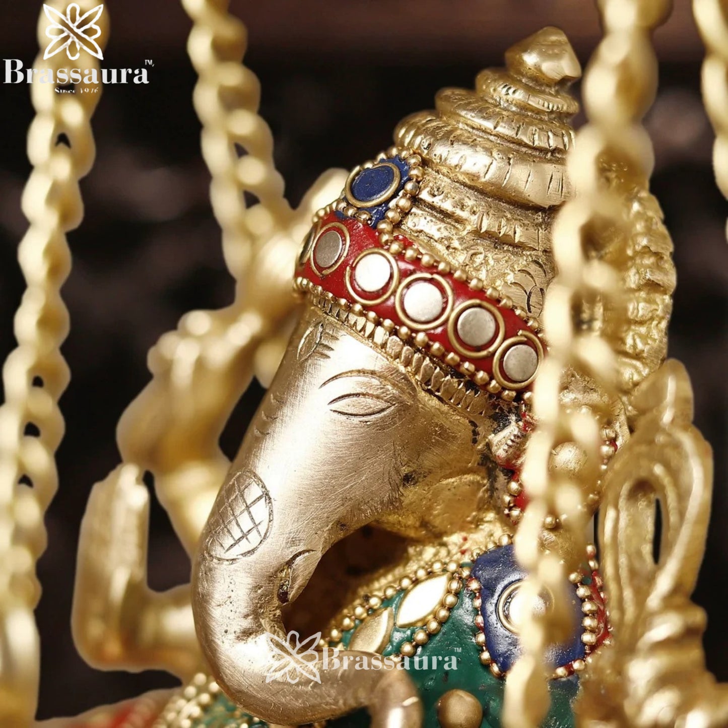 Brass Gem Stone Work Ganesha Jhula Weight 5.3 Kg & Height 15 Inch