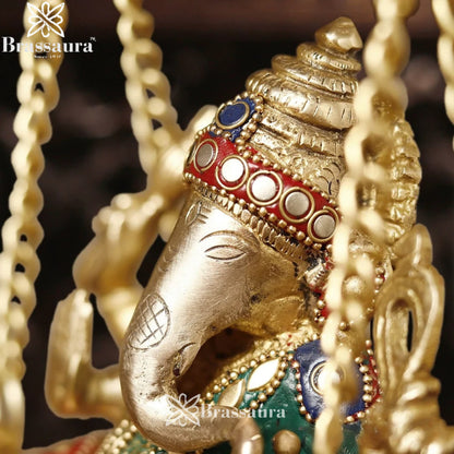 Brass Gem Stone Work Ganesha Jhula Weight 5.3 Kg & Height 15 Inch