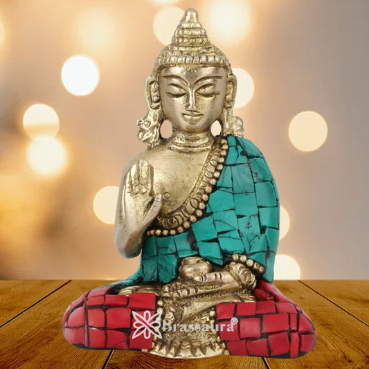Brass Blessing Gem Stone Work Buddha Weight 0.3 kg & Height 3 Inch