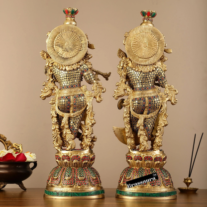 Brassaura™ Pure Brass Radha Krishna Statue with Brass Rings & Natural Stones – Height 21 Inches & Weight 18 Kgs | Elegant Devotional Idol