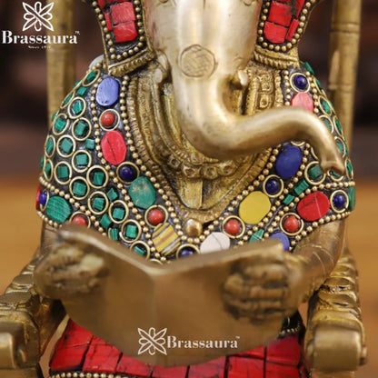 Brass Gem Stone Work Chair Ganesha Weight 3.56 Kg & Height 11 Inch