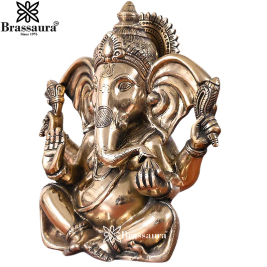 Brassaura® Classic Seated Ganesha Brass Idol | Elegant Handcrafted Form | Height 10 Inches