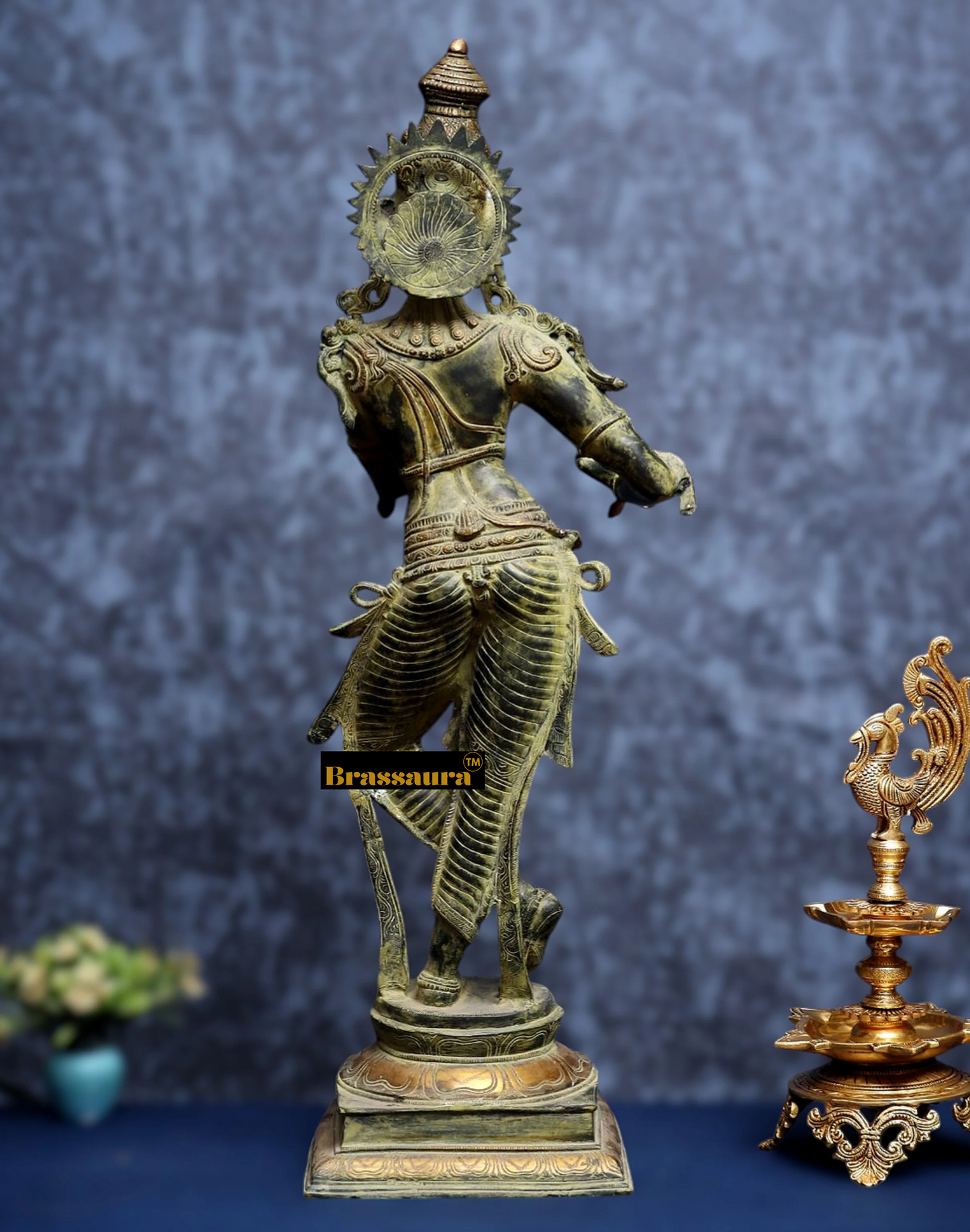 BrassAura™ Brass Krishna Statue – Green Algae Finish | Height 35 Inch | Weight 19 Kg