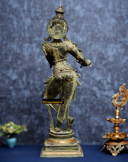 BrassAura™ Brass Krishna Statue – Green Algae Finish | Height 35 Inch | Weight 19 Kg