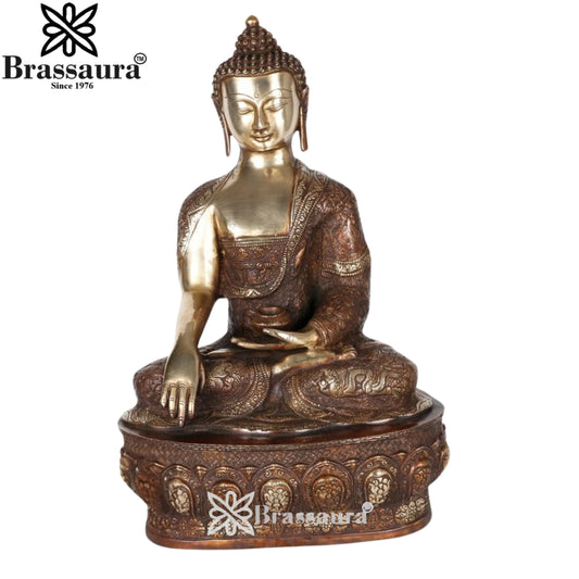 Brassaura® Buddha Bhumisparsha Mudra Sitting Idol with Antique Brown & Gold Finish and Base | Pure Superfine Brass Handcrafted Murti | Brass Statue for Home Temple, Pooja Room | Height 21 Inches | Weight 17 Kgs
