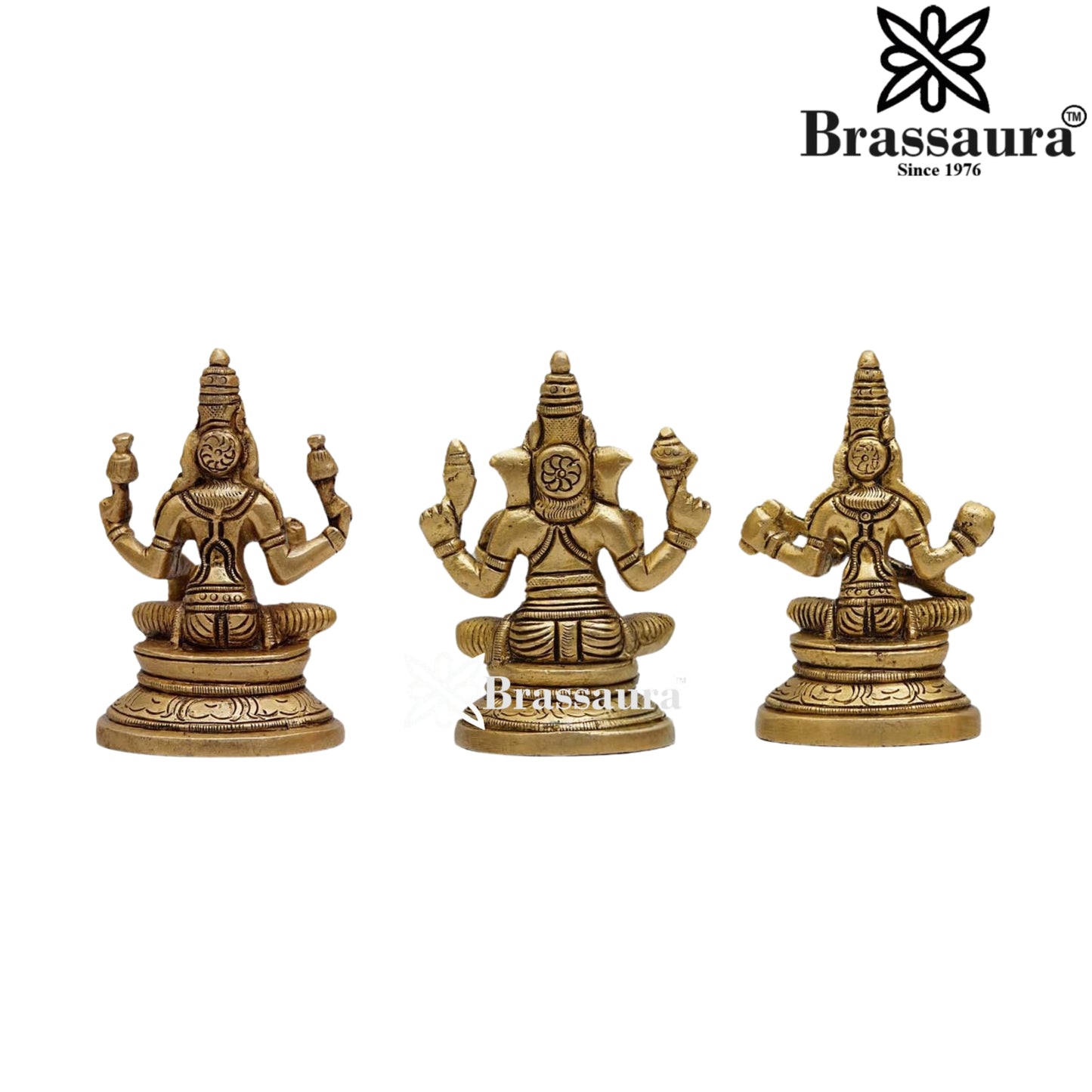 Brassaura™ Handcrafted Brass Laxmi Ganesha Saraswati Murti – Height 3.5 Inches & Weight 0.9 Kgs | Puja Room Idol