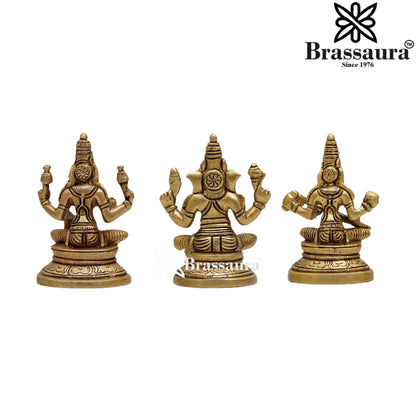 Brassaura™ Handcrafted Brass Laxmi Ganesha Saraswati Murti – Height 3.5 Inches & Weight 0.9 Kgs | Puja Room Idol