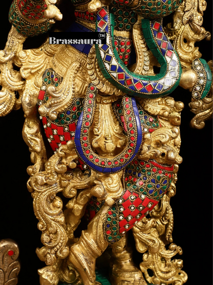 Brassaura™ Brass Radha Krishna Statue with Peacock Temple Arch – 45 Inch Height, 67 Kg | Meenakari Hindu Temple Decor
