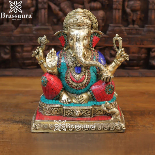 Brass Gem Stone Work Ganesha Weight 9.5 Kg & Height 12.5 Inch