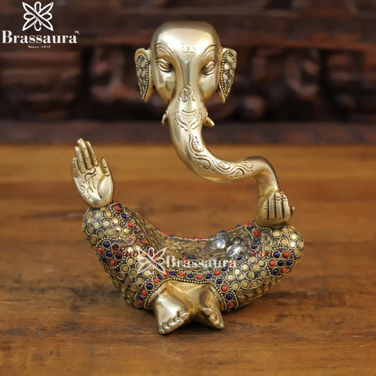 Brass Gem Stone Work Modern Ganesha Weight 2.34 Kg & Height 8 Inch