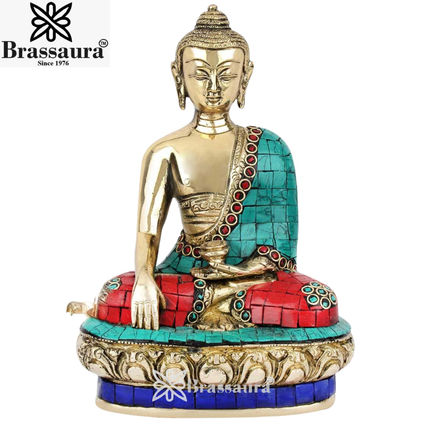Brass Bhumisprasa Gem Stone Work Buddha Weight 2.2 Kg & Height 8 Inch