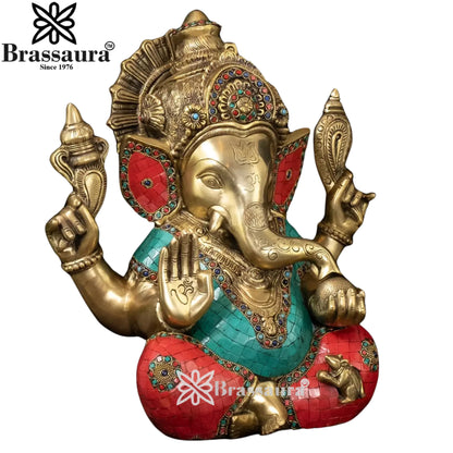 Brass Gem Stone Work Ganesha Statue Weight 13.8 Kg And Height 15.5 Inch