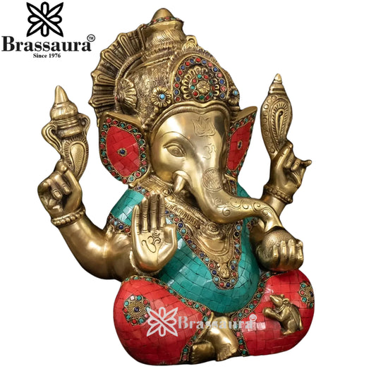 Brassaura Brass Gem Stone Work Ganesha Idol | Height 15.5 Inches