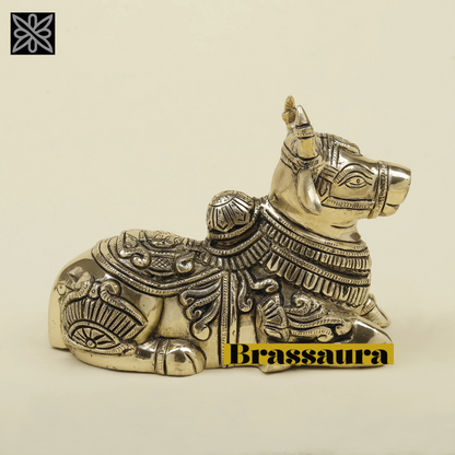 Brassaura™ Brass Nandi Statue | 7.5 Inches Height | 1.92 Kgs Weight | Silver Finish