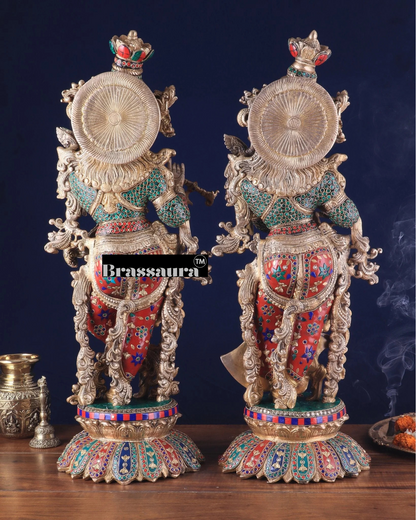 Brassaura™ Pure Brass Radha Krishna Statue with Triple-Layered Meenakari – Height 27 Inches & Weight 40 Kgs | Majestic Devotional Idol