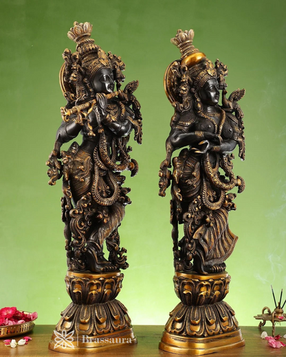 Brassaura™ Handmade Brass Radha Krishna Idol Pair with Black & Golden Finish – Height 29 Inches & Weight 32 Kgs | Devotional Statue