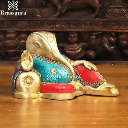 Brass Gem Stone Work Relaxing Ganesha Weight 3.3 Kg & Height 5.5 Inch