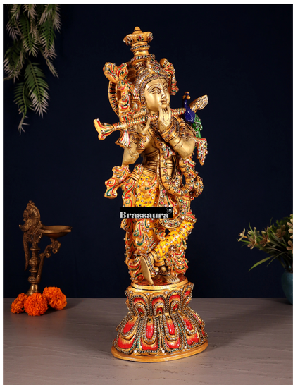 Brassaura™ Brass Krishna Statue with Natural Stones – Height 21" | Weight 9 Kgs