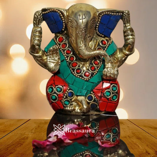Brass Gem Stone Work Ganesha Weight .6 Kg & Height 3.8 Inch