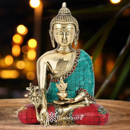 Brass Bhumisprasa Gem Stone Work Buddha Weight 2 Kg & Height 8 Inch
