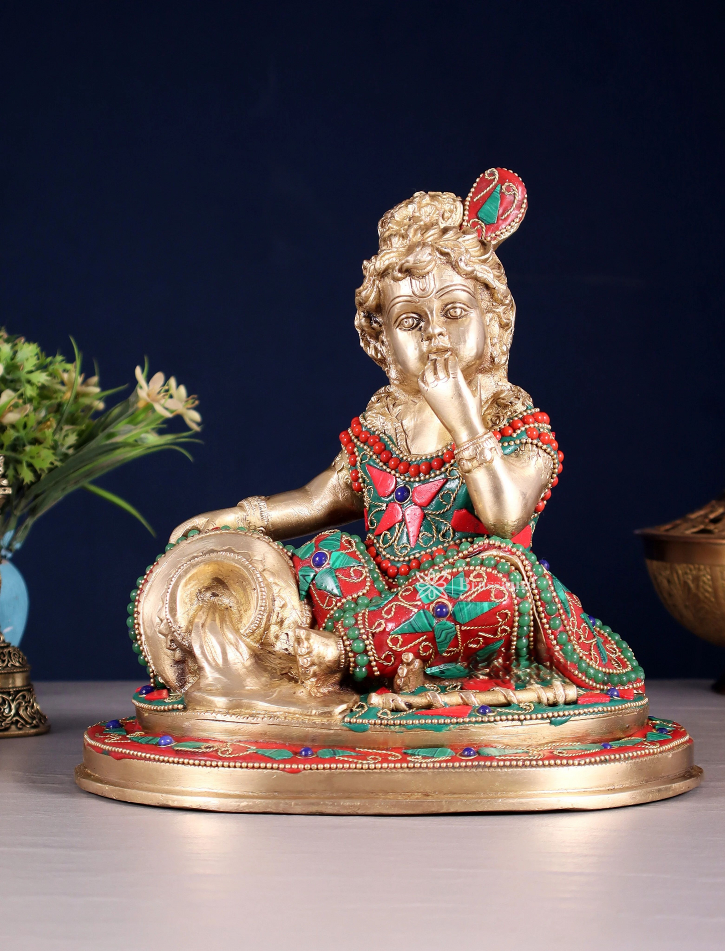 Brassaura™ Pure Brass Baby Krishna Makhan Chor Idol with Meenakari Stonework – Height 8 Inches & Weight 3.5 Kgs