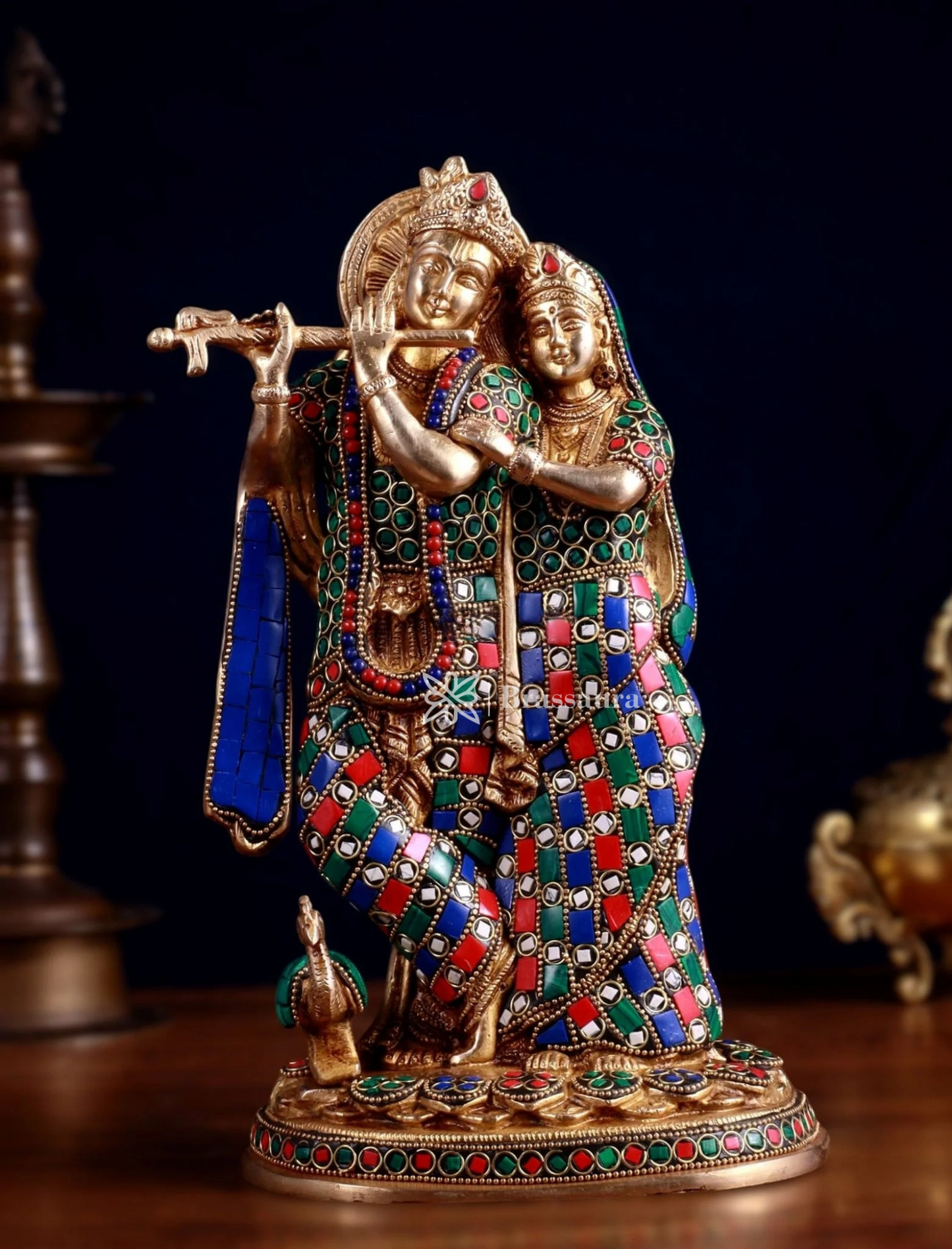 Brassaura™ Brass Radha Krishna Idol with Meenakari – Height 12 Inches & Weight 4 Kgs | Elegant Devotional Statue