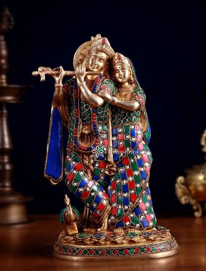 Brassaura™ Brass Radha Krishna Idol with Meenakari – Height 12 Inches & Weight 4 Kgs | Elegant Devotional Statue