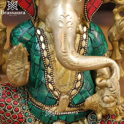 Brass Gem Stone Work Ganesha Weight 4.14 Kg & Height 9.5 Inch