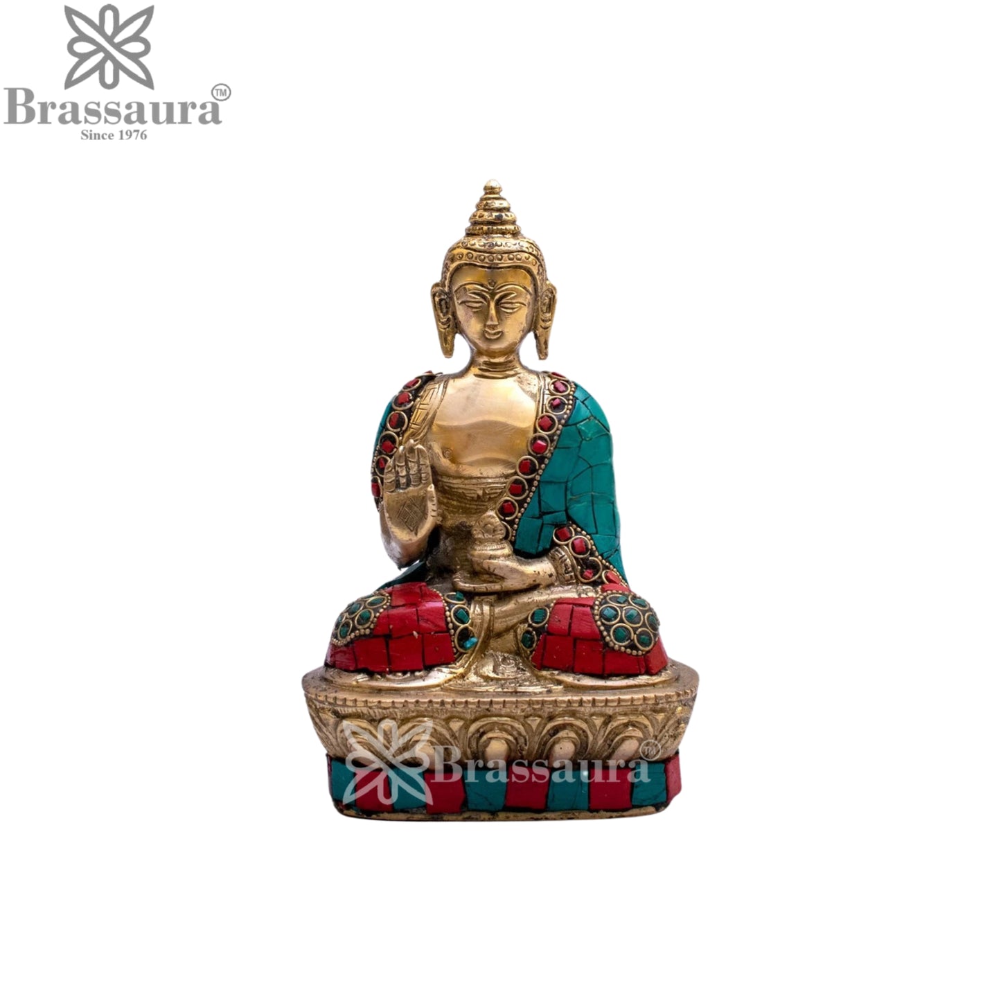 Brass Blessing Gem Stone Work Buddha Weight 1 kg & Height 7 Inch