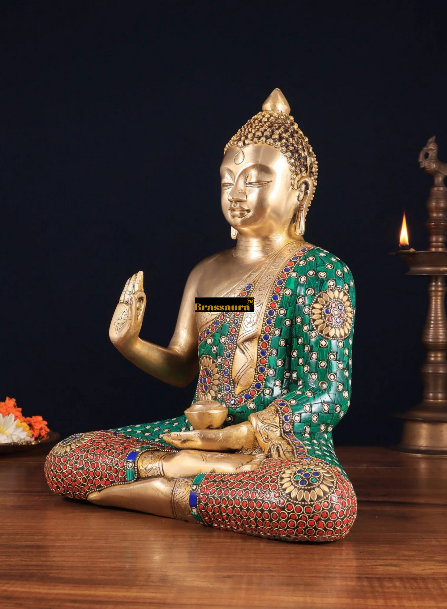 Brassaura™ Pure Brass Buddha Statue in Abhaya Mudra – Height 14 Inches, Weight 8 Kgs