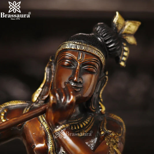 Brassaura® Lord Krishna Playing Flute Seated on Cow Idol with Copper & Golden Finish | Pure Superfine Brass Handcrafted Murti | Brass Statue for Home Temple, Pooja Room | Height 21 Inches | Weight 14.7 Kgs