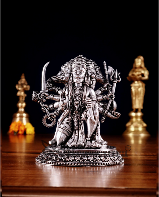 Brassaura® Pure Brass Silver-Plated Panchmukhi Hanuman Idol – Height 4.5 Inches & Weight 450g | Handcrafted Miniature Idol