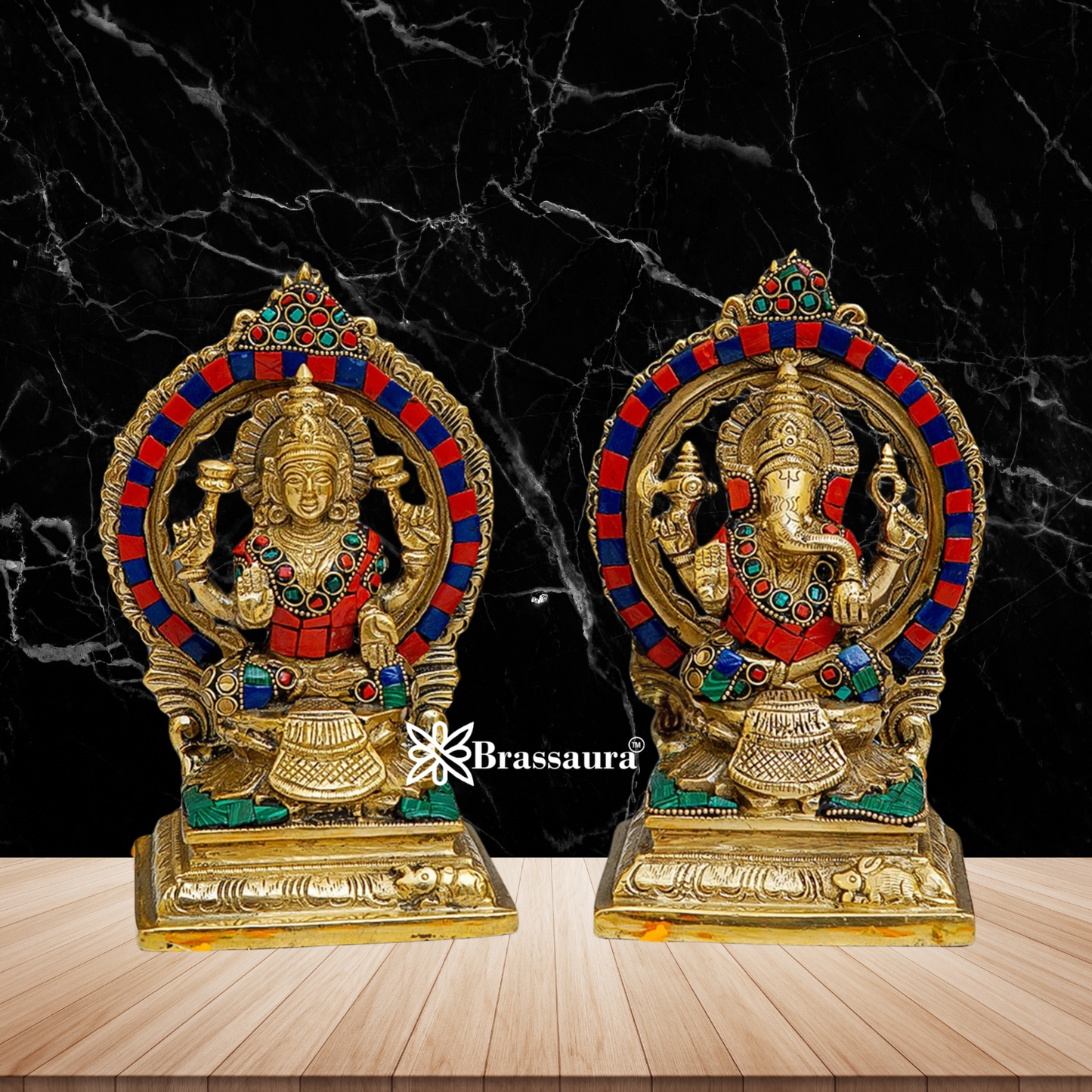 Brass Gem Stone Work Lakshmi Ganesh Weight 3.2 Kg & Height 7 Inch