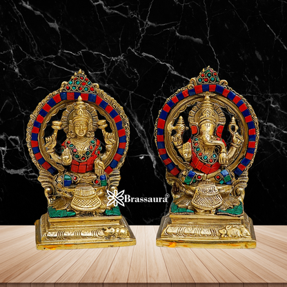 Brass Gem Stone Work Lakshmi Ganesh Weight 3.2 Kg & Height 7 Inch