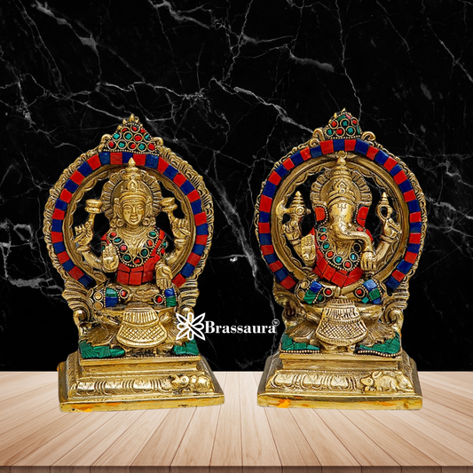 Brass Gem Stone Work Lakshmi Ganesh Weight 3.2 Kg & Height 7 Inch