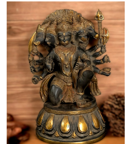 Brassaura™ Handcrafted Superfine Brass Panchmukhi Hanuman Idol – Height 13.5 Inches & Weight 9 Kgs | Heat-Treated Sandstone Finish