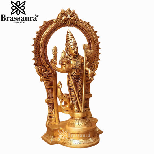 Brassaura® Kartikeya Murugan Brass Statue with Prabhavali | Divine South Indian Temple Décor | Height 13 Inches