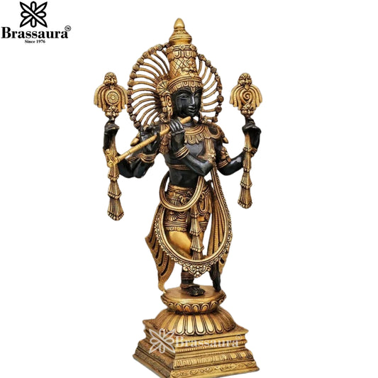 Brassaura® Lord Krishna Playing Flute Standing Idol with Golden & Charcoal Black Finish | Pure Superfine Brass Handcrafted Murti | Brass Statue for Home Temple, Pooja Room | Height 24 Inches | Weight 14 Kgs