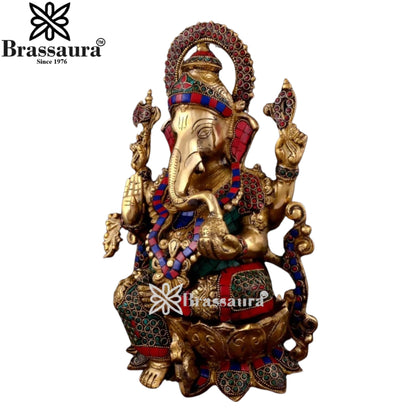 Brass Gem Stone Work Jewellery Ganesha Statue Weight 7.55 Kg And Height 8.6 Inch