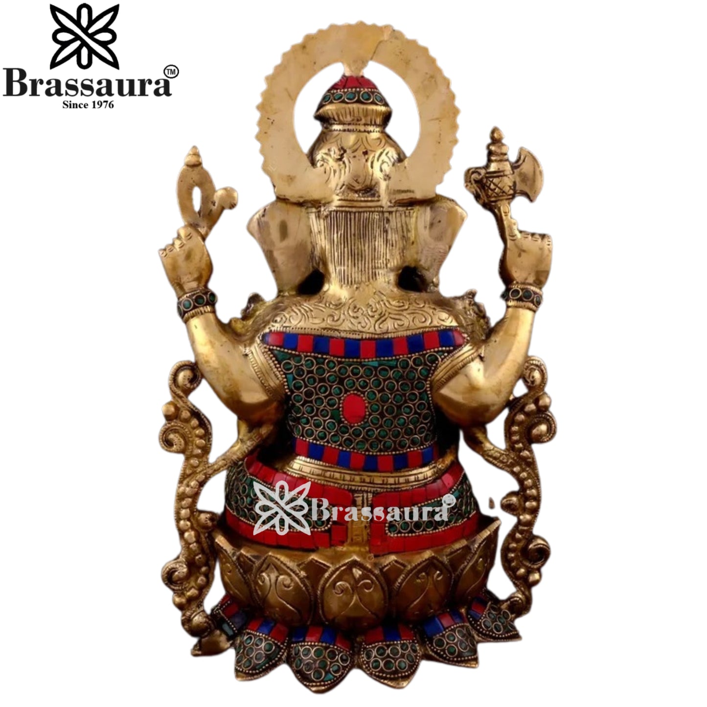 Brass Gem Stone Work Jewellery Ganesha Statue Weight 7.55 Kg And Height 8.6 Inch