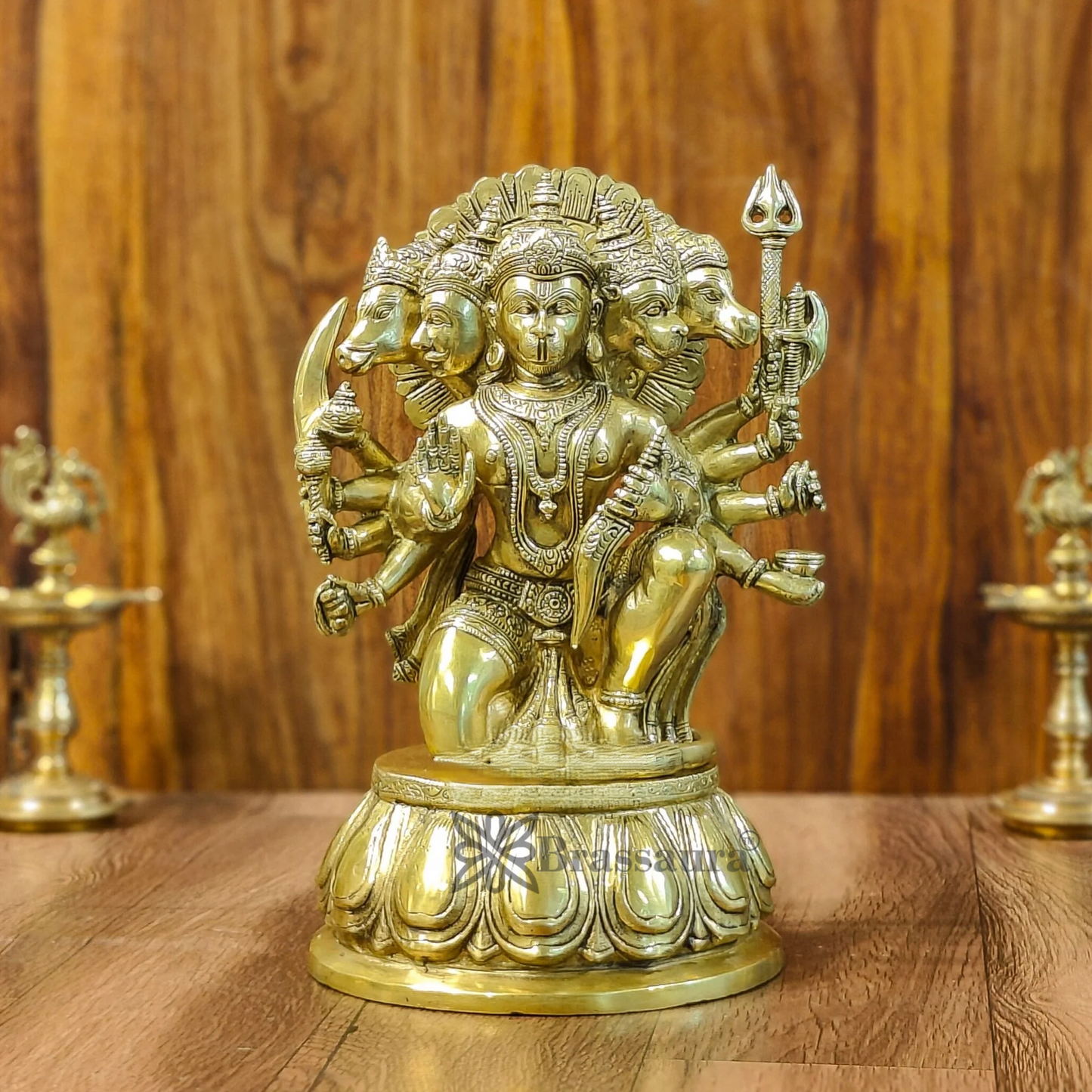Brassaura™ Handcrafted Superfine Brass Panchmukhi Hanuman Idol – Height 13.5 Inches & Weight 9 Kgs | Heat-Treated Golden Permanent Finish