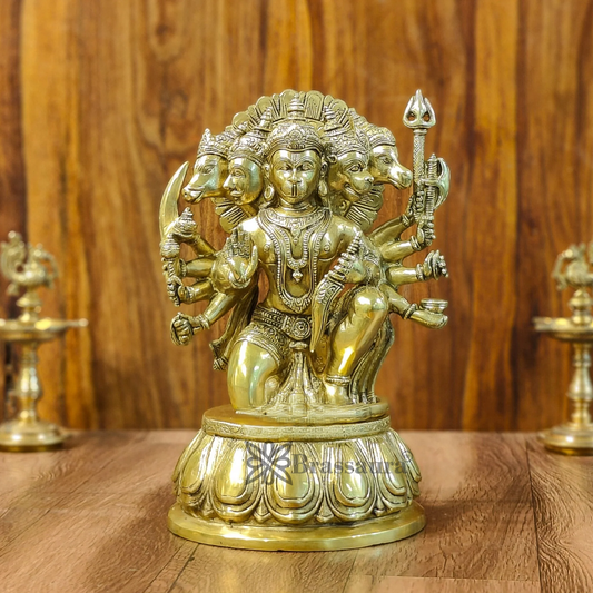 Brassaura® Handcrafted Superfine Brass Panchmukhi Hanuman Idol – Height 13.5 Inches | Heat-Treated Golden Permanent Finish