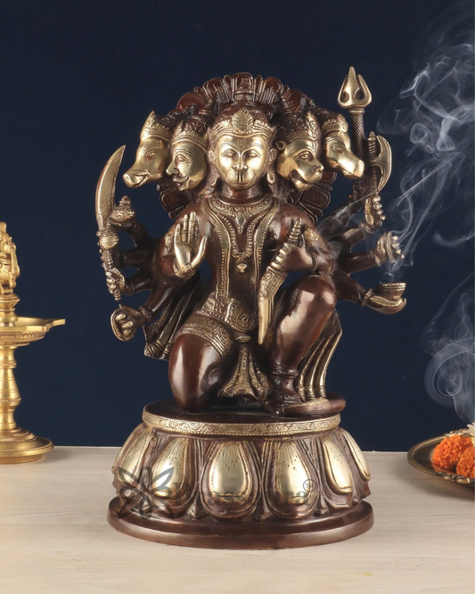 Brassaura® Brass Panchmukhi Hanuman Idol – Height 13.5 Inches | Dual Tone Chola Finish