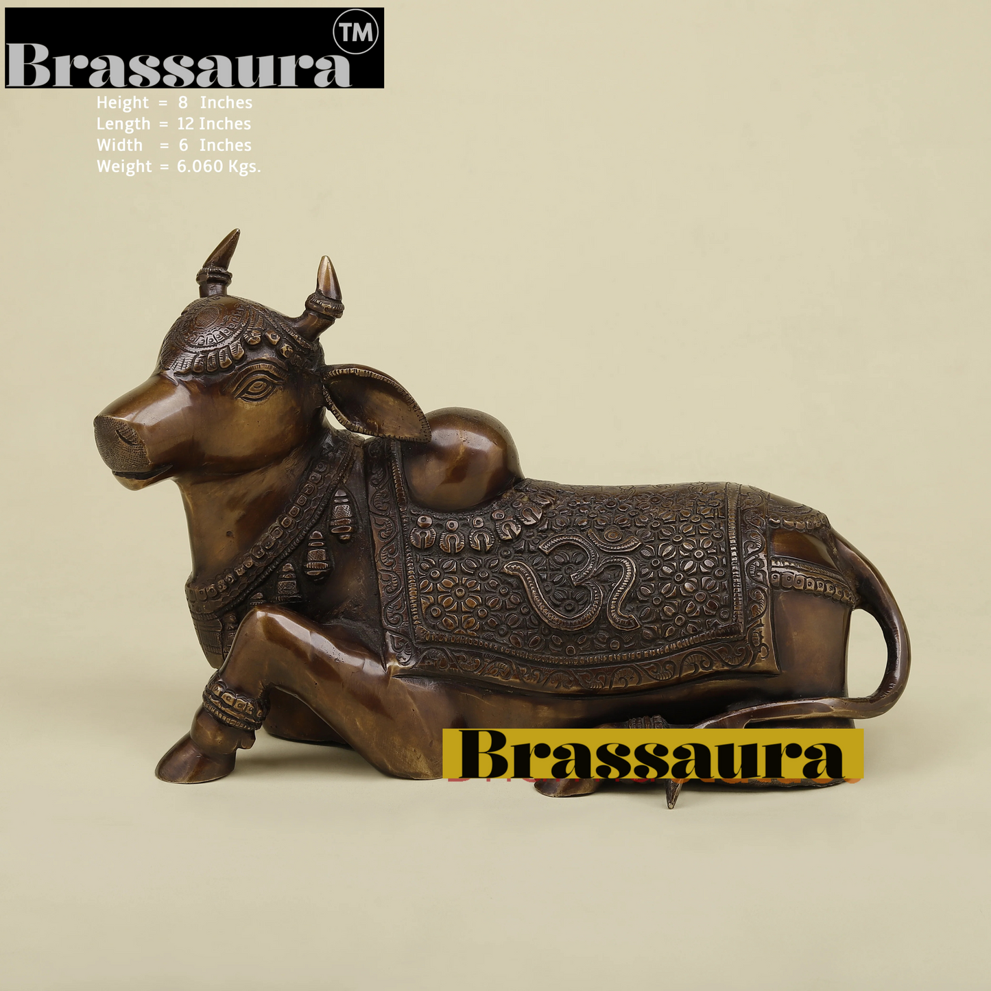 Brassaura™ Brass Nandi Statue | 8 Inches Height | 6.06 Kgs Weight | Copper Finish